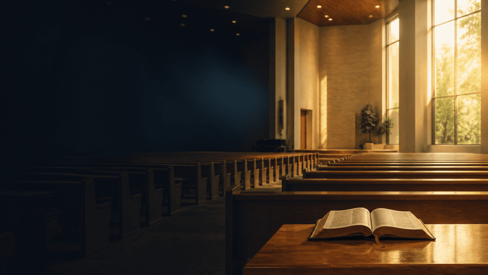 Interior acolhedor do templo da Assembleia de Deus com uma Bíblia aberta